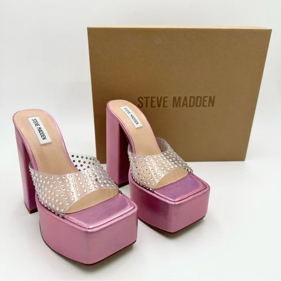 Steve Madden Ruby Embellished Heeled Platform Sandals Iridescent Pink - Picture 2 of 14